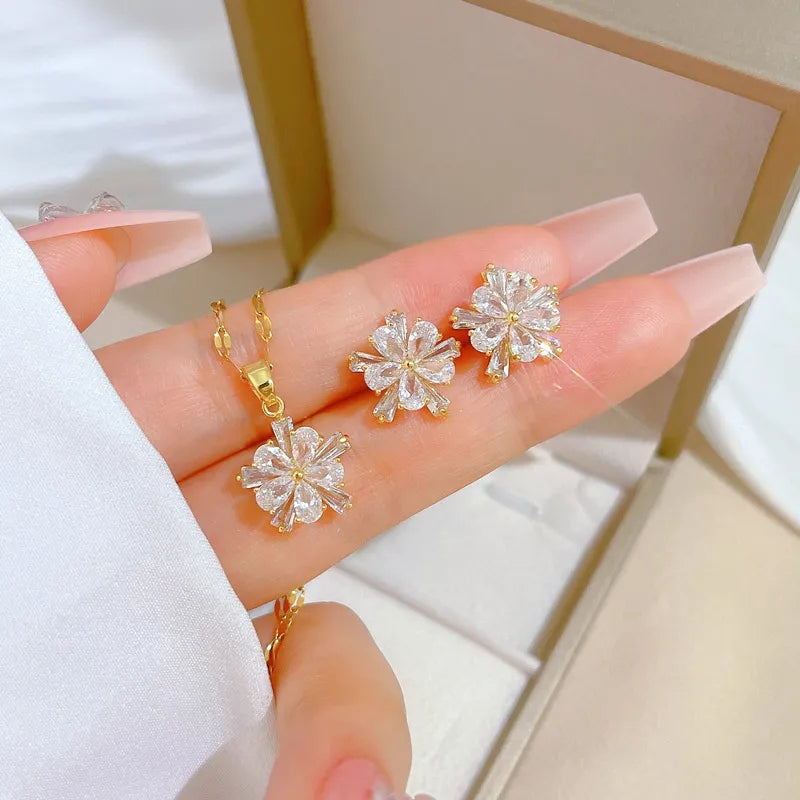 Conjunto flor de cristal blanco encantador acero inoxidable