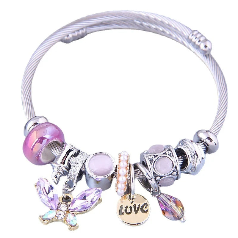 Pulsera de mariposa de cristal de acero inoxidable,