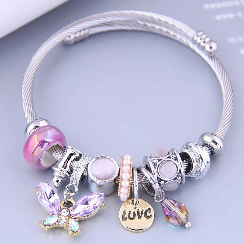 Pulsera de mariposa de cristal de acero inoxidable,